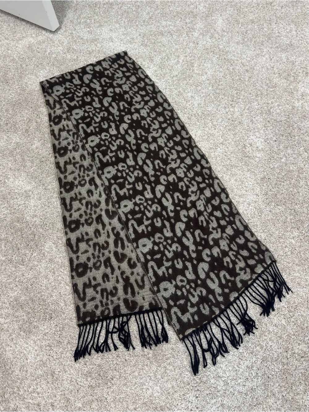 Leopard Print Fringe Scarf - Gray & Brown with Black fringe
